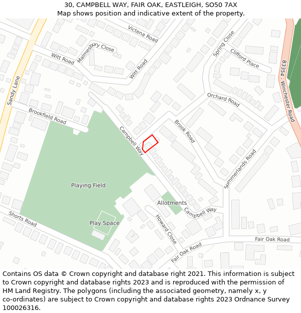 30, CAMPBELL WAY, FAIR OAK, EASTLEIGH, SO50 7AX: Location map and indicative extent of plot