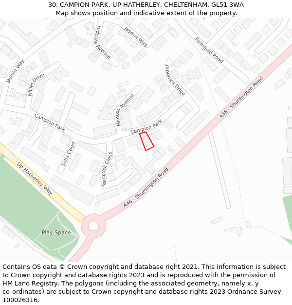 30, CAMPION PARK, UP HATHERLEY, CHELTENHAM, GL51 3WA: Location map and indicative extent of plot