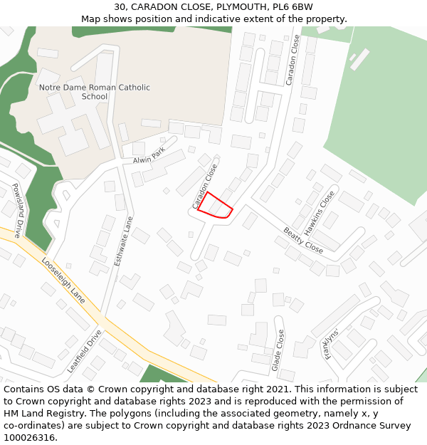 30, CARADON CLOSE, PLYMOUTH, PL6 6BW: Location map and indicative extent of plot