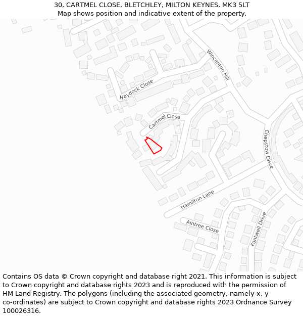 30, CARTMEL CLOSE, BLETCHLEY, MILTON KEYNES, MK3 5LT: Location map and indicative extent of plot