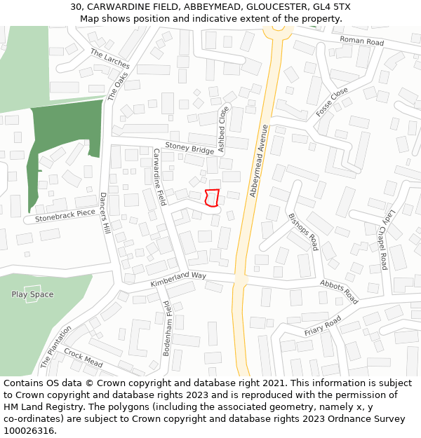 30, CARWARDINE FIELD, ABBEYMEAD, GLOUCESTER, GL4 5TX: Location map and indicative extent of plot