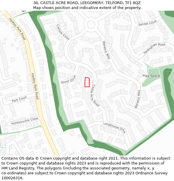 30, CASTLE ACRE ROAD, LEEGOMERY, TELFORD, TF1 6QZ: Location map and indicative extent of plot