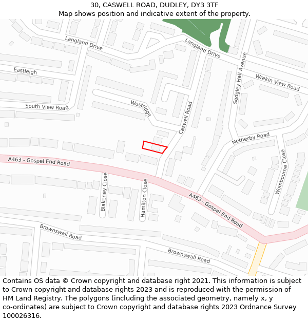 30, CASWELL ROAD, DUDLEY, DY3 3TF: Location map and indicative extent of plot