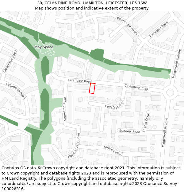 30, CELANDINE ROAD, HAMILTON, LEICESTER, LE5 1SW: Location map and indicative extent of plot