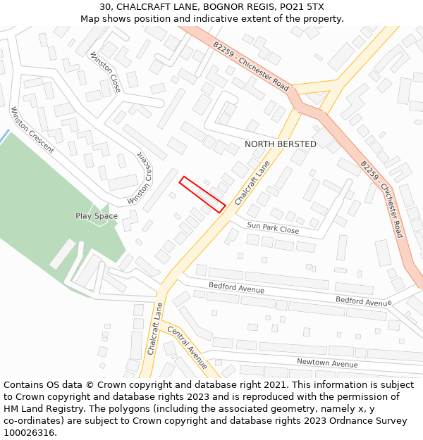 30, CHALCRAFT LANE, BOGNOR REGIS, PO21 5TX: Location map and indicative extent of plot