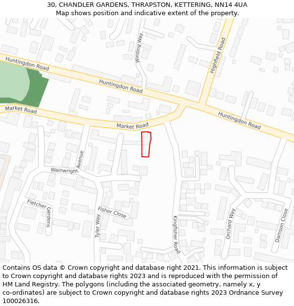 30, CHANDLER GARDENS, THRAPSTON, KETTERING, NN14 4UA: Location map and indicative extent of plot