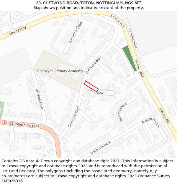 30, CHETWYND ROAD, TOTON, NOTTINGHAM, NG9 6FT: Location map and indicative extent of plot