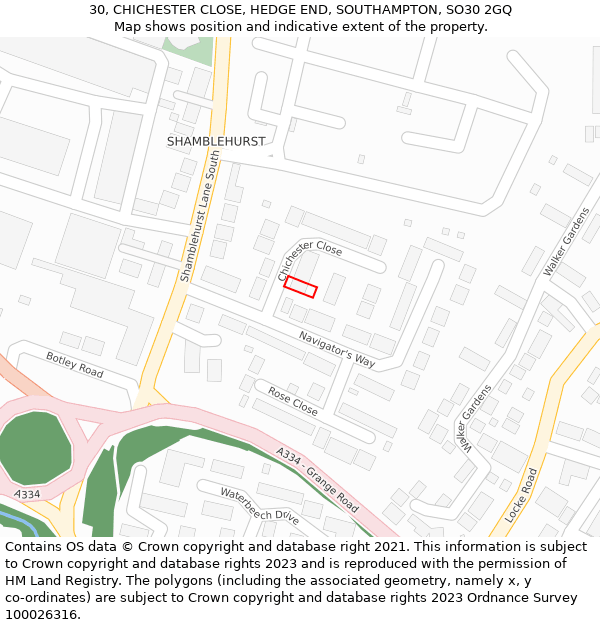 30, CHICHESTER CLOSE, HEDGE END, SOUTHAMPTON, SO30 2GQ: Location map and indicative extent of plot