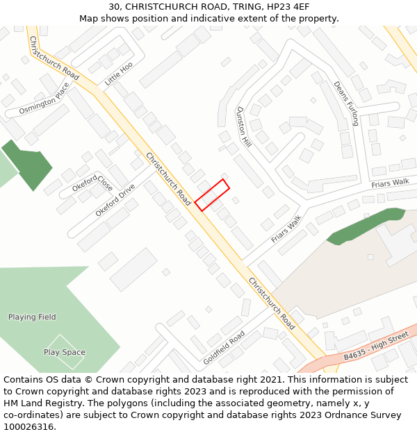 30, CHRISTCHURCH ROAD, TRING, HP23 4EF: Location map and indicative extent of plot