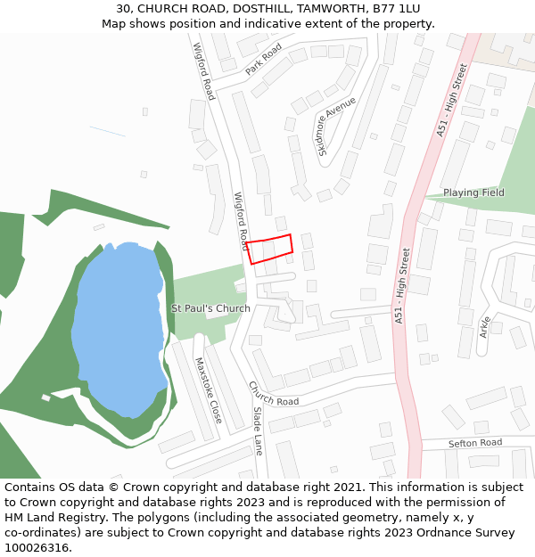 30, CHURCH ROAD, DOSTHILL, TAMWORTH, B77 1LU: Location map and indicative extent of plot