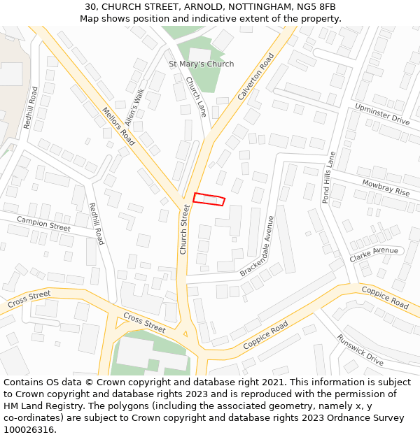 30, CHURCH STREET, ARNOLD, NOTTINGHAM, NG5 8FB: Location map and indicative extent of plot