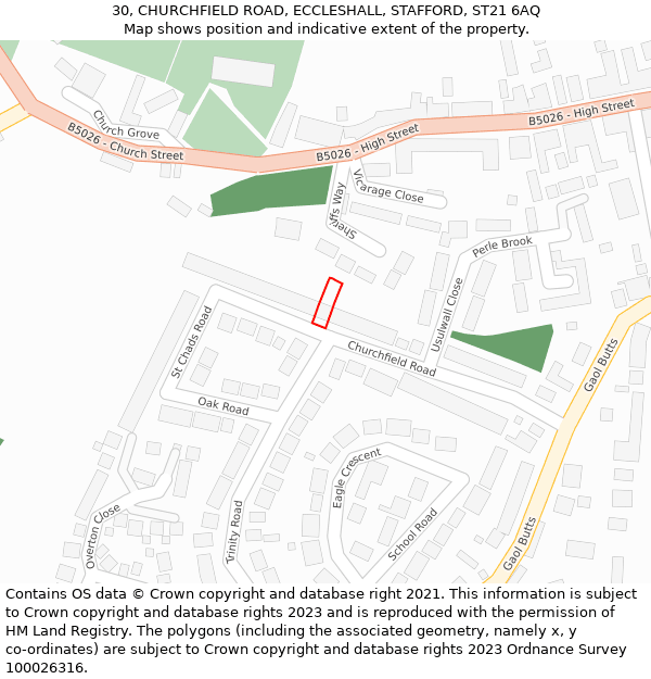 30, CHURCHFIELD ROAD, ECCLESHALL, STAFFORD, ST21 6AQ: Location map and indicative extent of plot