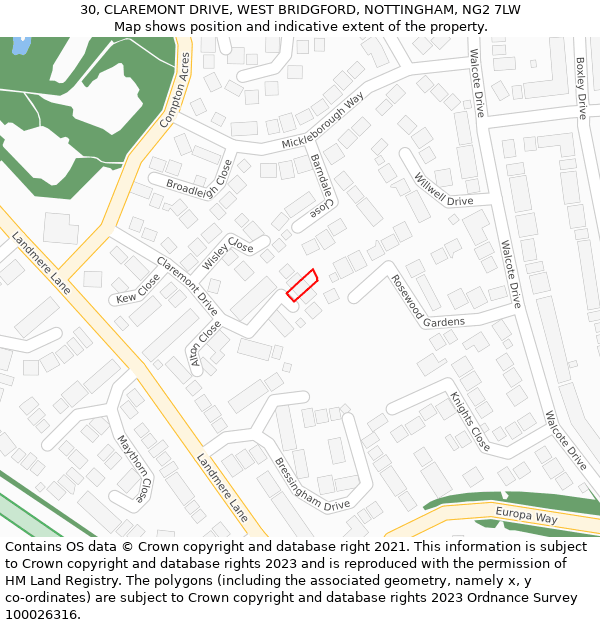 30, CLAREMONT DRIVE, WEST BRIDGFORD, NOTTINGHAM, NG2 7LW: Location map and indicative extent of plot