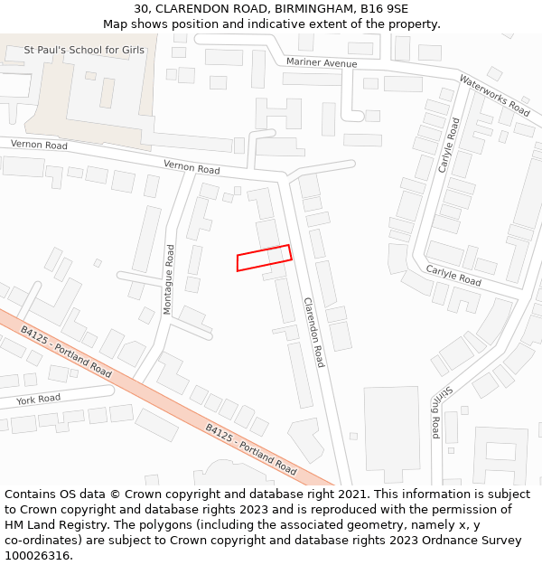 30, CLARENDON ROAD, BIRMINGHAM, B16 9SE: Location map and indicative extent of plot