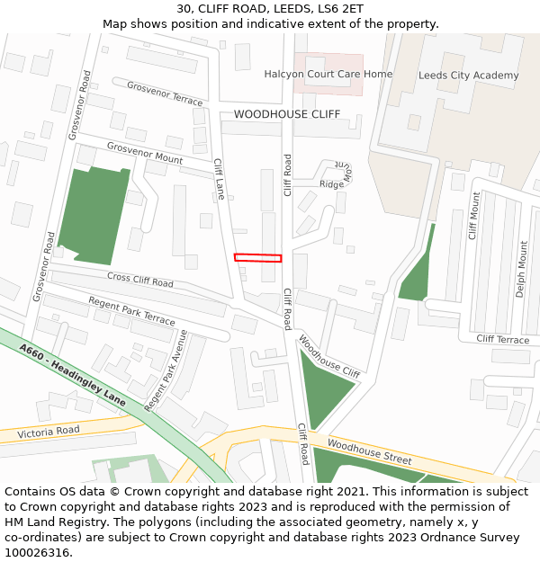 30, CLIFF ROAD, LEEDS, LS6 2ET: Location map and indicative extent of plot