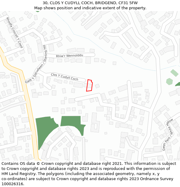 30, CLOS Y CUDYLL COCH, BRIDGEND, CF31 5FW: Location map and indicative extent of plot