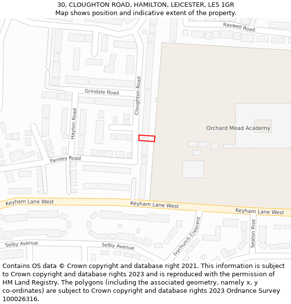 30, CLOUGHTON ROAD, HAMILTON, LEICESTER, LE5 1GR: Location map and indicative extent of plot