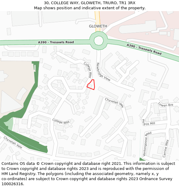 30, COLLEGE WAY, GLOWETH, TRURO, TR1 3RX: Location map and indicative extent of plot