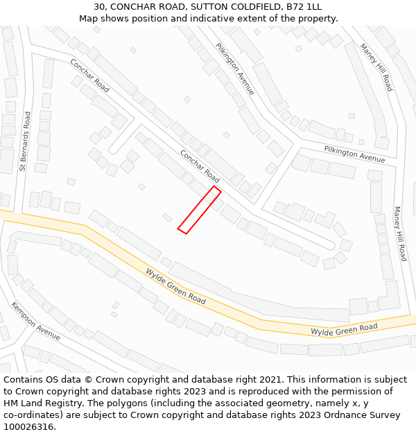 30, CONCHAR ROAD, SUTTON COLDFIELD, B72 1LL: Location map and indicative extent of plot