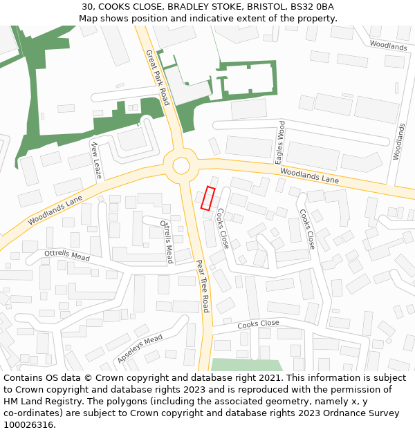 30, COOKS CLOSE, BRADLEY STOKE, BRISTOL, BS32 0BA: Location map and indicative extent of plot