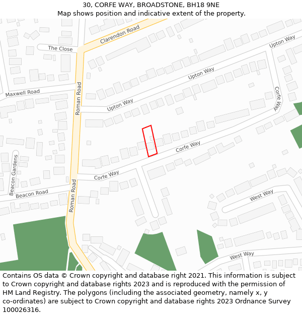 30, CORFE WAY, BROADSTONE, BH18 9NE: Location map and indicative extent of plot