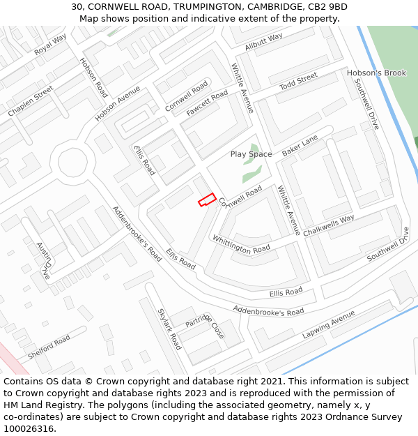 30, CORNWELL ROAD, TRUMPINGTON, CAMBRIDGE, CB2 9BD: Location map and indicative extent of plot