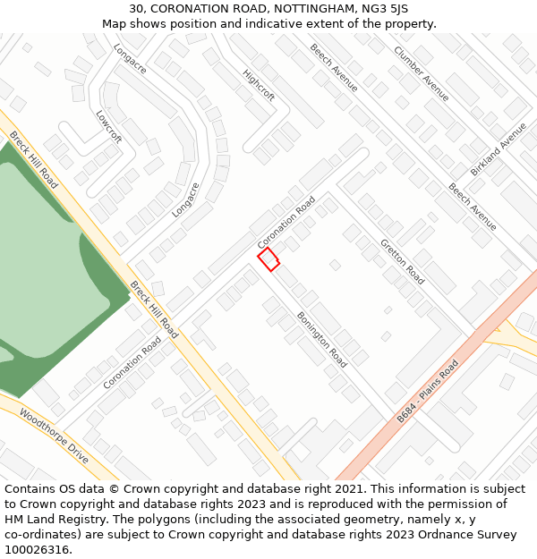 30, CORONATION ROAD, NOTTINGHAM, NG3 5JS: Location map and indicative extent of plot