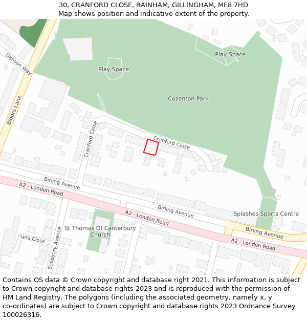 30, CRANFORD CLOSE, RAINHAM, GILLINGHAM, ME8 7HD: Location map and indicative extent of plot