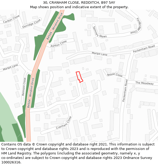 30, CRANHAM CLOSE, REDDITCH, B97 5AY: Location map and indicative extent of plot