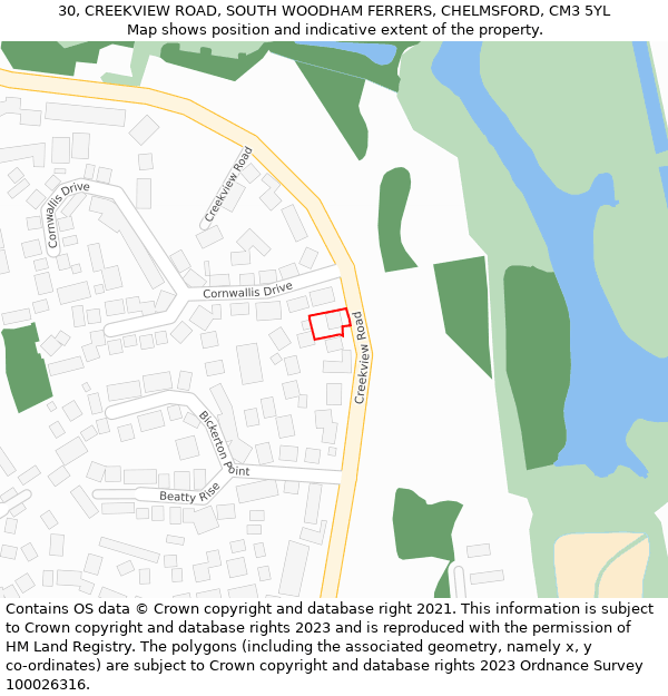 30, CREEKVIEW ROAD, SOUTH WOODHAM FERRERS, CHELMSFORD, CM3 5YL: Location map and indicative extent of plot