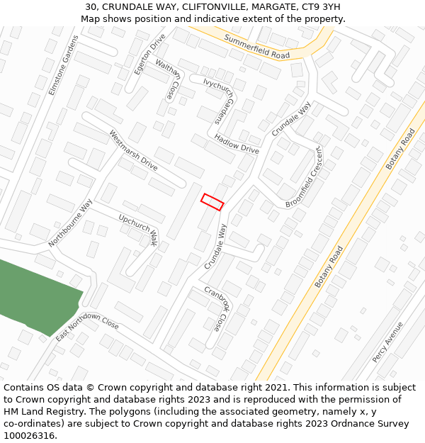 30, CRUNDALE WAY, CLIFTONVILLE, MARGATE, CT9 3YH: Location map and indicative extent of plot