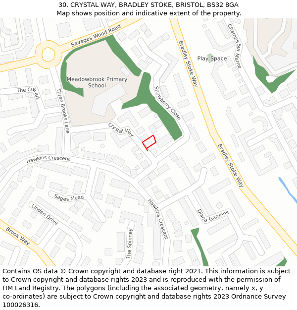 30, CRYSTAL WAY, BRADLEY STOKE, BRISTOL, BS32 8GA: Location map and indicative extent of plot