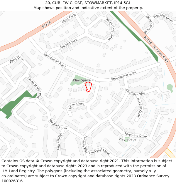 30, CURLEW CLOSE, STOWMARKET, IP14 5GL: Location map and indicative extent of plot