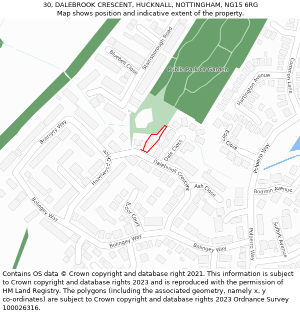 30, DALEBROOK CRESCENT, HUCKNALL, NOTTINGHAM, NG15 6RG: Location map and indicative extent of plot