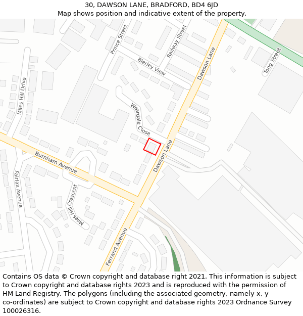 30, DAWSON LANE, BRADFORD, BD4 6JD: Location map and indicative extent of plot