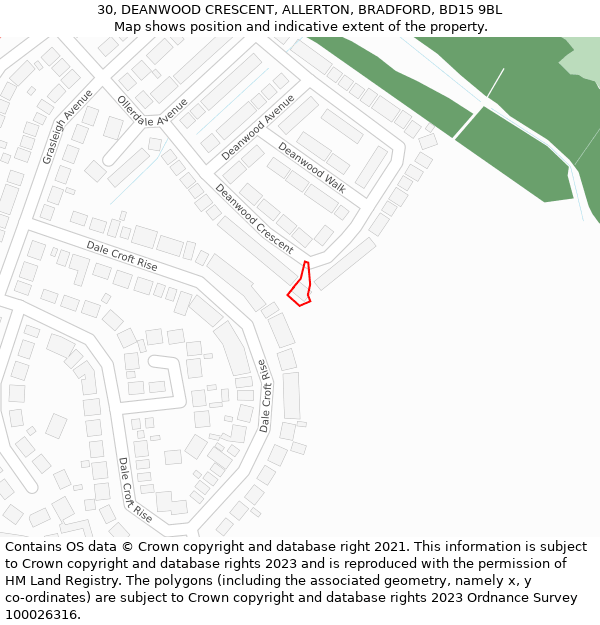 30, DEANWOOD CRESCENT, ALLERTON, BRADFORD, BD15 9BL: Location map and indicative extent of plot