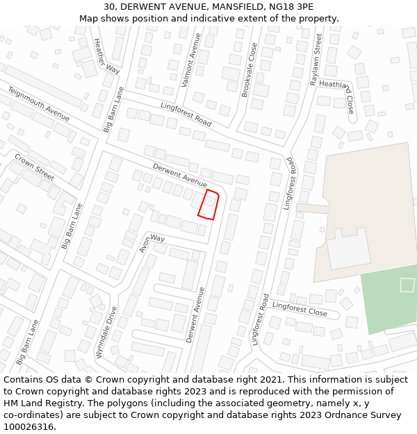 30, DERWENT AVENUE, MANSFIELD, NG18 3PE: Location map and indicative extent of plot