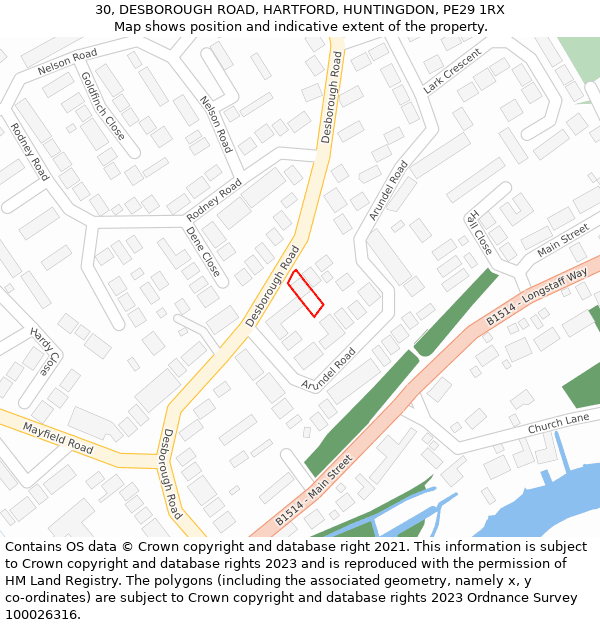 30, DESBOROUGH ROAD, HARTFORD, HUNTINGDON, PE29 1RX: Location map and indicative extent of plot