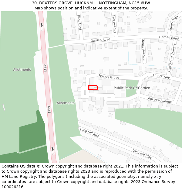 30, DEXTERS GROVE, HUCKNALL, NOTTINGHAM, NG15 6UW: Location map and indicative extent of plot