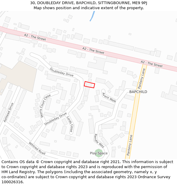 30, DOUBLEDAY DRIVE, BAPCHILD, SITTINGBOURNE, ME9 9PJ: Location map and indicative extent of plot