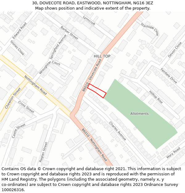 30, DOVECOTE ROAD, EASTWOOD, NOTTINGHAM, NG16 3EZ: Location map and indicative extent of plot