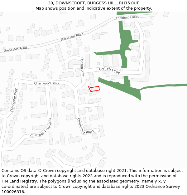 30, DOWNSCROFT, BURGESS HILL, RH15 0UF: Location map and indicative extent of plot