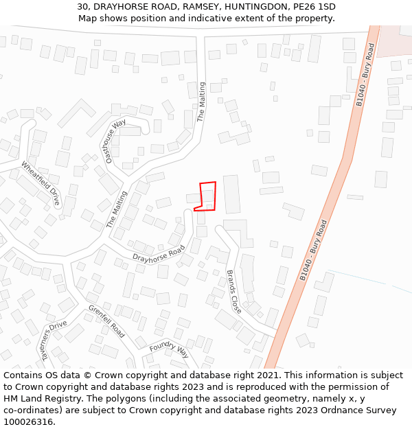 30, DRAYHORSE ROAD, RAMSEY, HUNTINGDON, PE26 1SD: Location map and indicative extent of plot