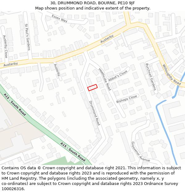 30, DRUMMOND ROAD, BOURNE, PE10 9JF: Location map and indicative extent of plot