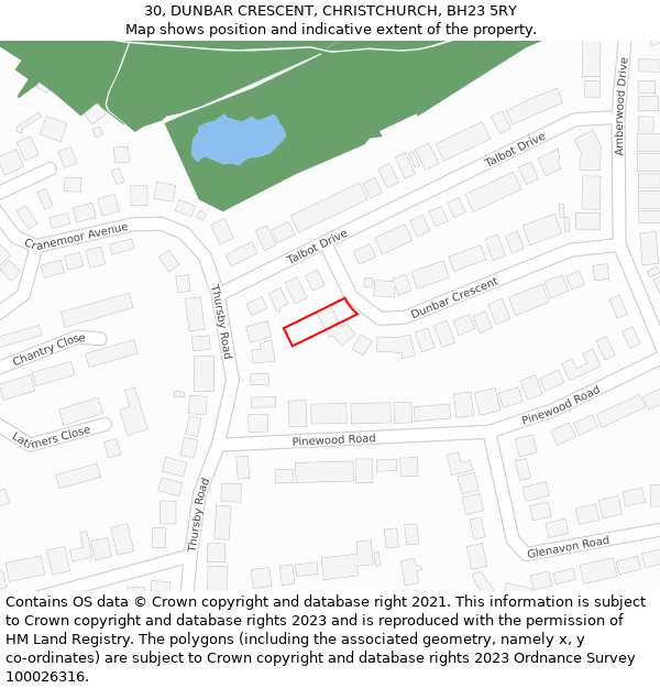 30, DUNBAR CRESCENT, CHRISTCHURCH, BH23 5RY: Location map and indicative extent of plot