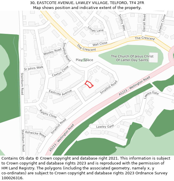 30, EASTCOTE AVENUE, LAWLEY VILLAGE, TELFORD, TF4 2FR: Location map and indicative extent of plot