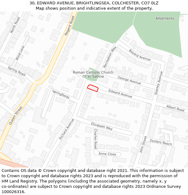 30, EDWARD AVENUE, BRIGHTLINGSEA, COLCHESTER, CO7 0LZ: Location map and indicative extent of plot