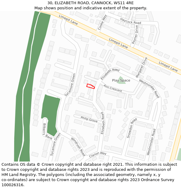 30, ELIZABETH ROAD, CANNOCK, WS11 4RE: Location map and indicative extent of plot
