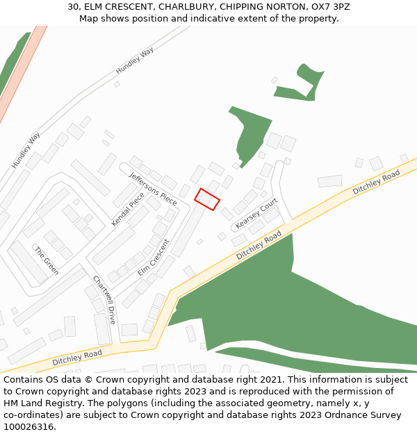 30, ELM CRESCENT, CHARLBURY, CHIPPING NORTON, OX7 3PZ: Location map and indicative extent of plot