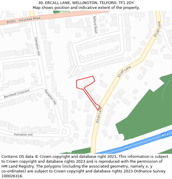 30, ERCALL LANE, WELLINGTON, TELFORD, TF1 2DY: Location map and indicative extent of plot